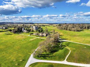 Lulworth Castle from a drone, Lulworth Estate, Camp Bestival, East Lulworth, Dorset, England,