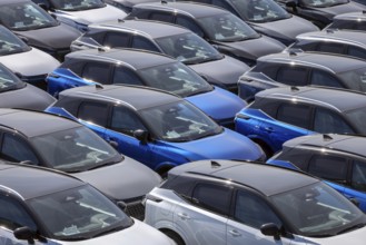 Duisburg, North Rhine-Westphalia, Germany - New cars, transhipment centre, car terminal in Duisburg