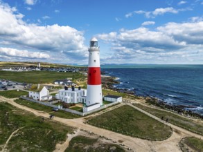 Portland Bill Lighthouse from a drone, Portland Bill, Isle of Portland, Dorset, England, United