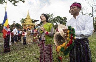 NAMSAI, INDIA.- APRIL 16: Devotees celebrate the vibrant Sangken Festival at Golden Pagoda in