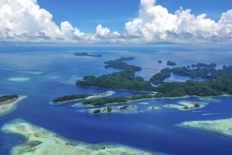Aerial view of 70 Rock Islands green islands in island paradise island state Palau in the Pacific