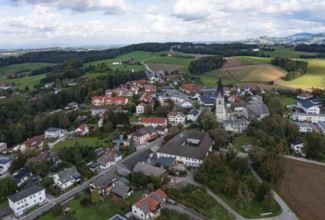 Drone image, view of village with church, Aschach an der Steyr, Traunviertel, Upper Austria,