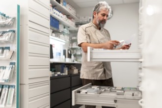 Male mature pharmacist working in storage room searching for medicines in a drawer