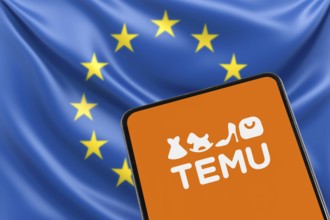 Temu logo online marketplace from China with EU European Union flag online trading ecommerce on a