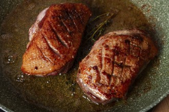 Cooking duck breast, in a frying pan, fried, with spices and herbs, close-up, no people