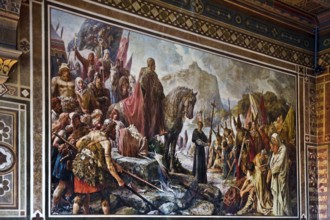 Charlemagne destroys the Irmin Column with grisailles in 772, mural by Hermann Wislicenus,