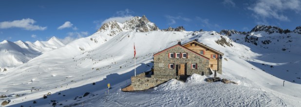SAC Alpine Club hut in winter, Chamanna d'Es-cha, Pitz Blaisun, Albula Alps, Grisons, Switzerland,