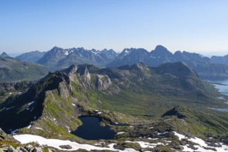 Mountains and fjord landscape, view from the summit of Rundfjellet, fjord Austenesfjord and lake