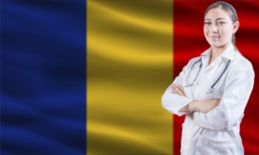 Female doctor on Romanian flag. Doctor with crossed arms on Romanian flag. Romania health and care