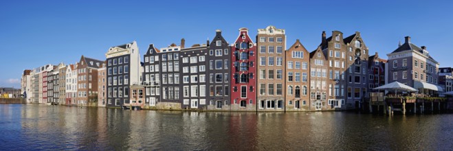Panorama of the dancing houses, Damrak canal, Amsterdam, Province of North Holland, Netherlands