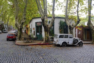 Colonia del Sacramento, Colonia, Uruguay, vintage cars parked in the alleyways of the old town.