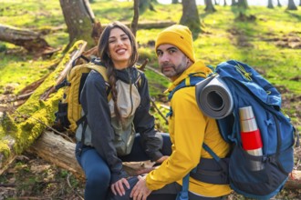 Hikers taking a break in the woods during a trekking excursion, enjoying the peace of nature