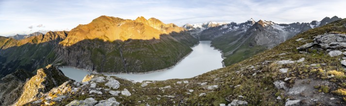 Picturesque mountain landscape at the summit Mont de la Blana at sunset, view of blue mountain