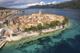 The old town centre of Korcula town seen from the air, Croatia, Europe