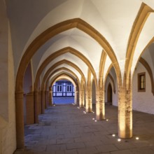 Open hall, arcade at the late Gothic town hall in Goslar in the evening, UNESCO World Heritage
