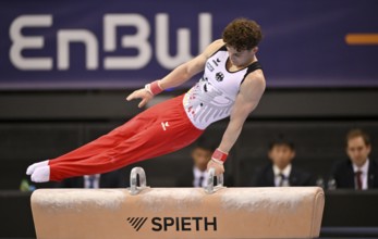Alexander Kurz GER pommel horse action gymnastics, EnBW DTB-Pokal, Porsche-Arena, Stuttgart,