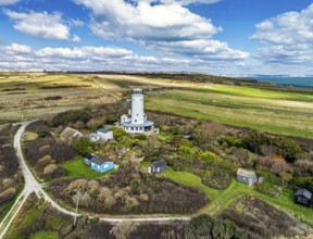 Portland Bird Observatory from a drone, Bill Lighthouse, Portland Bill, Isle of Portland, Dorset,