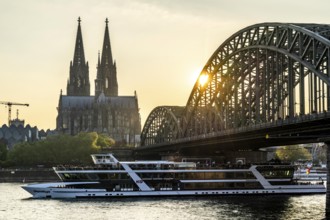 Silhouettes of the cathedral in late sunlight, freighter on the Rhine, view of Cologne Cathedral