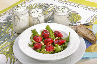 Swabian cuisine, Luggeles cheese in a jar, salad rocket with strawberries, pine nuts, Swabian cream