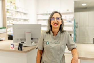 Portrait of a female pharmacist in uniform standing on the store