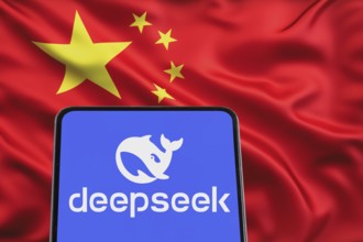 Deepseek Artificial Intelligence AI from China with Chinese flag on a mobile phone and website in