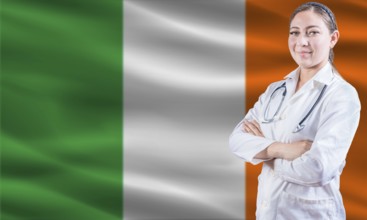 Female doctor on Irish flag. Doctor with crossed arms on Irish flag. Ireland health and care