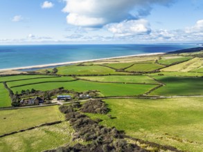 Farms over Swyre and West Bexington from a drone, West Bexington Nature Reserve, S W Coast Path,