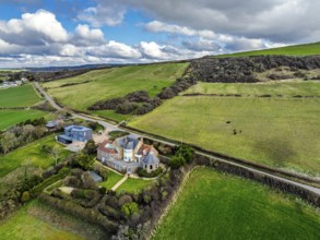 Farms over Swyre and West Bexington from a drone, West Bexington Nature Reserve, S W Coast Path,