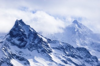 Wisps of mist surround the snow-covered peaks of the mountains Le Besso and Obergabelhorn, Val