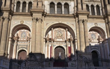 Main portal of the cathedral Santa Iglesia Catedral Basílica de la Encarnación in the evening
