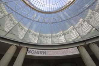 Kunsthalle Schirn with round glass dome, glass window, glass building, inscription, modern