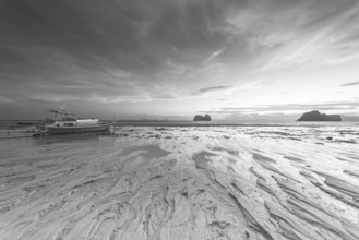 Structures in the sand, sunrise at low tide on the beach of Koh Ngai Island, Andaman Sea, Satun