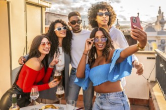 Woman taking selfie with multi-ethnic friends in a roof party with wine and snacks during sunset