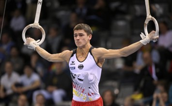 Timo Eder GER rings action gymnastics, EnBW DTB-Pokal, Porsche-Arena, Stuttgart, Baden-Württemberg,