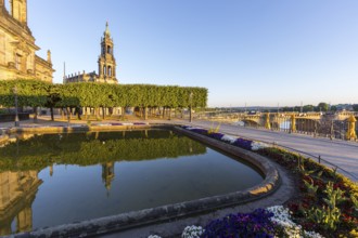 Brühl's Terrace, Court Church reflected in a water basin, Dresden, Saxony, Germany, Europe