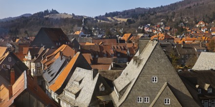 City panorama over the roofs of the old town of Goslar with a view of the Frankenberg church, Lower