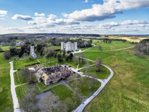Lulworth Castle from a drone, Lulworth Estate, Camp Bestival, East Lulworth, Dorset, England,