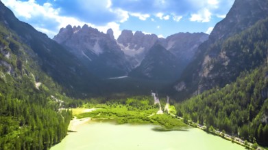 Breathtaking aerial view of lago di landro, or durrensee lake, surrounded by the stunning dolomites