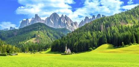 Scenic landscape featuring the st. Magdalena church nestled in a vibrant green valley with the