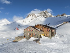 SAC Alpine Club hut in winter, Chamanna d'Es-cha, Pitz Blaisun, Albula Alps, Grisons, Switzerland,