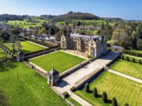 Montacute House and Garden from a drone, Montacute, Somerset, England, United Kingdom, Europe