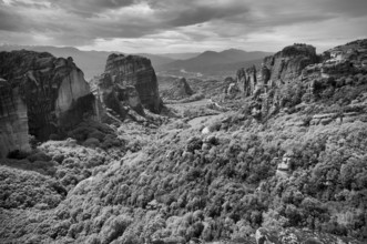 Sunset over the Monastery of Rousanou and the Monastery of St Nicholas Anapavsa, Anapavsas, Metéora