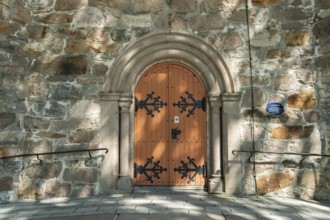 Entrance portal with wrought-iron fittings, Skedsmo Pilgrim Church, Skedsmokorset, Norway, Europe