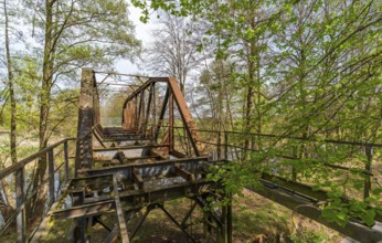 Lost place, disused rusty railway bridge in the forest, Finow Canal, Liebenwalde, Oberhavel,