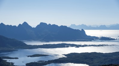 Mountain peak and fjord Austensfjorden, fjord landscape and sea, view from the summit of