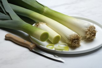 Leek, leek sticks on plate with knife, leek