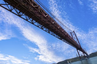 Lisbon, Landmark suspension 25 of April bridge over Tagus reiver near Belem tower