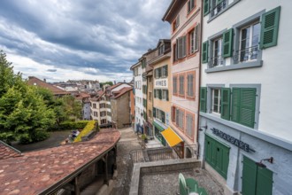 Covered staircase Escaliers du Marché and historic houses in the old town, Lausanne, Vaud,