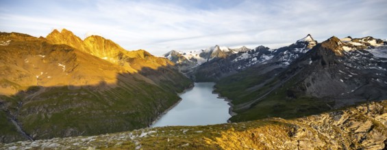 Picturesque mountain landscape at the summit Mont de la Blana at sunset, view of blue mountain