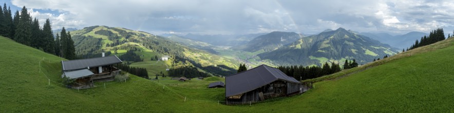 Alpine panorama in summer, rainbow, alpine hut, view over the Brixen valley, Hochbrixen, Brixen im